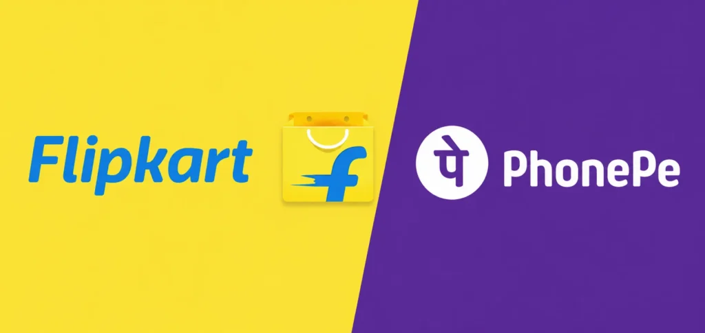 Split yellow–purple graphic showing Flipkart logo on the left and PhonePe logo on the right.
