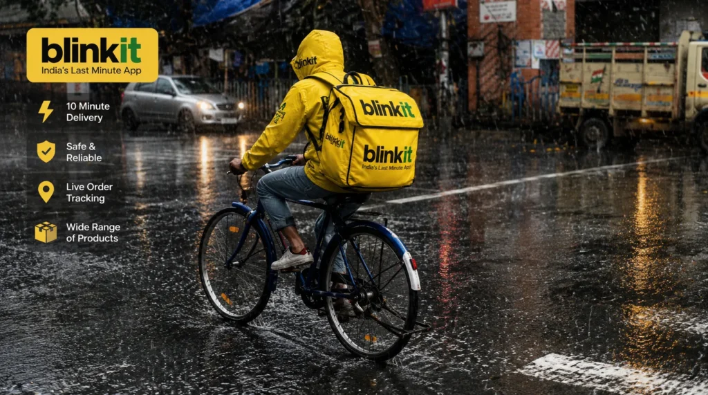 Blinkit delivery rider carrying a yellow bag while cycling through heavy rain on an Indian city road.
