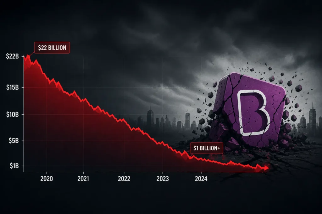 Byju's valuation crash graph showing decline from 22 billion dollars in 2019 to 1 billion dollars in 2024 with crumbling Byju's logo