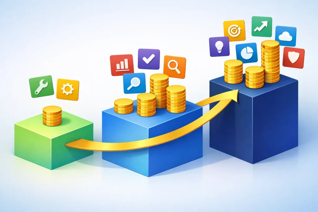 Visual comparison of tech stack monthly costs at three business stages: starting out at $7/month, early growth at $50/month, and established business at $100/month
