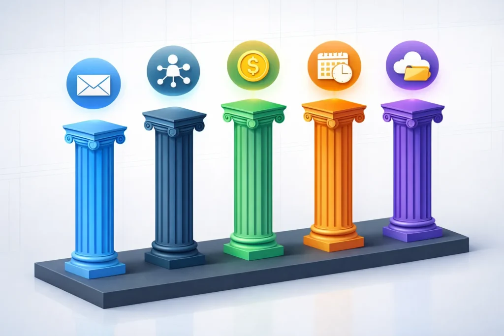 Framework showing five core systems every service business needs: communication, client management, payments, scheduling, and file management arranged as interconnected pillars`