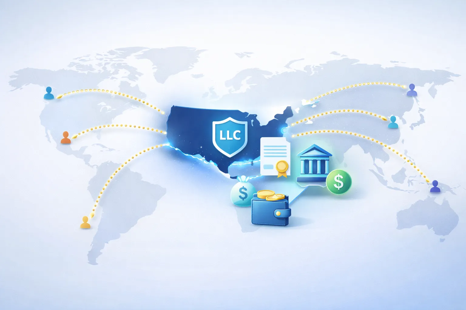 Visual guide showing how non-US residents can form and operate a US business remotely including LLC formation, banking, and tax compliance steps