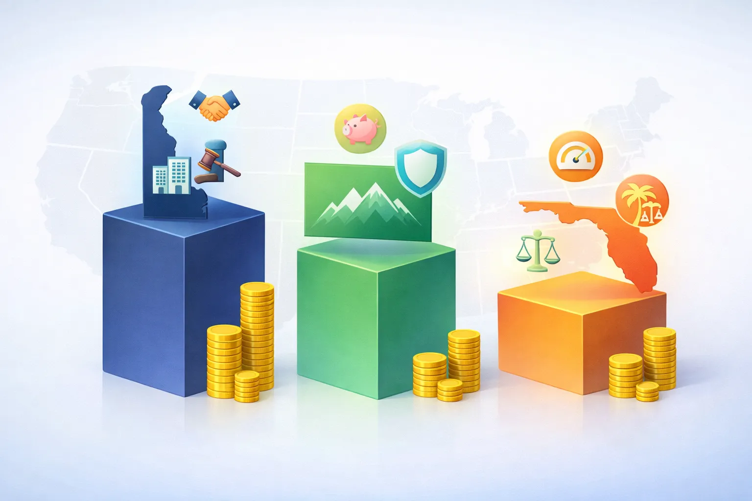 Comparison of Delaware, Wyoming, and Florida for non-resident LLC formation showing filing fees, annual costs, and key benefits of each state