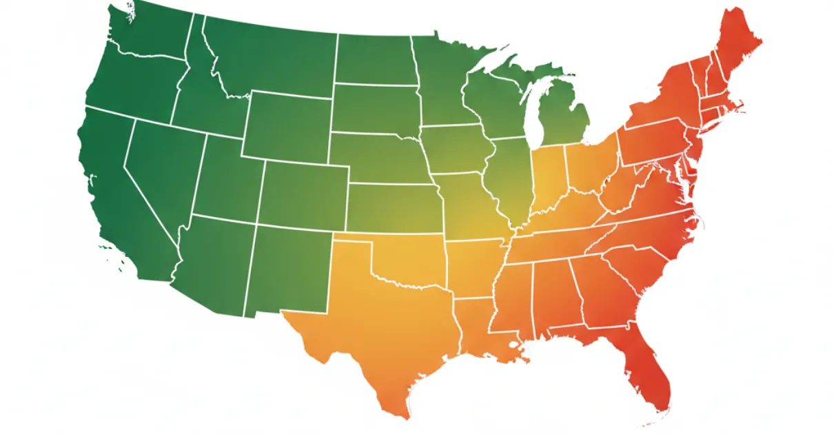United States map showing LLC filing fee ranges by state using color-coded visualization