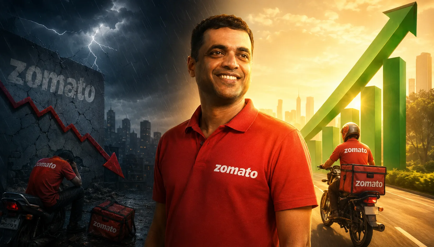 Zomato’s journey from losses to profitability with growth visuals and delivery rider.